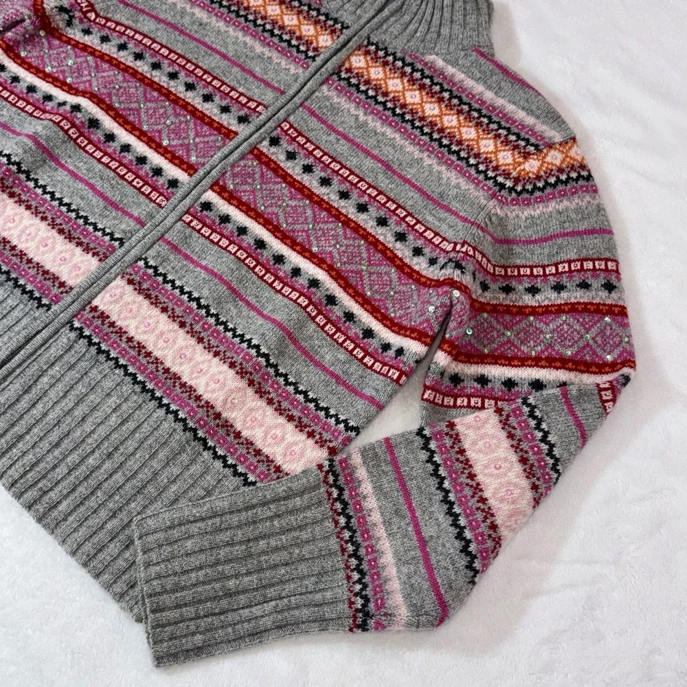 Vtg Context 100% Wool Fair Isle Sweater Sz L Full Zip Beaded Sequined NOS‎